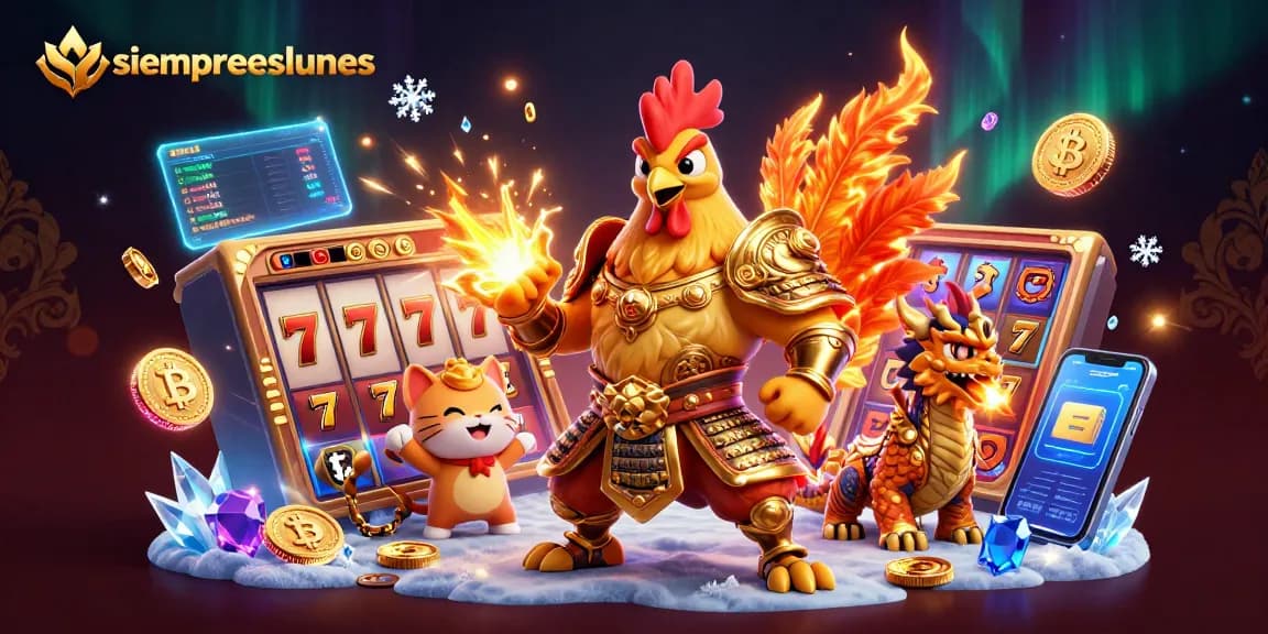 Engage with the thrilling world of gambling at siempreeslunes, showcasing a rooster warrior and dragon amid winning slot symbols.