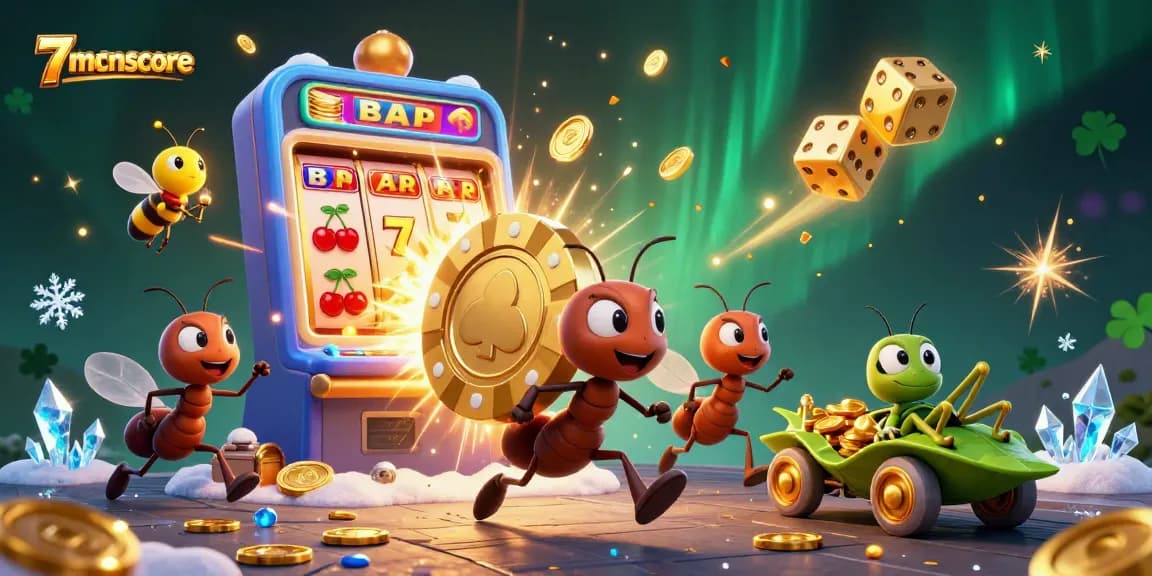 Ants steal the 7mcnscore golden poker chip amidst a vibrant casino heist scene.