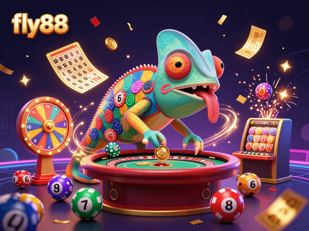 Engage in exciting gambling at fly88 with golden coins and colorful lottery balls in a lively celebration.