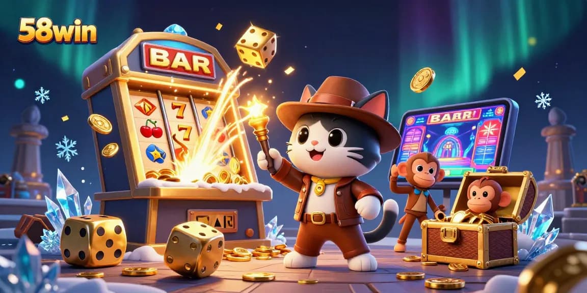 Engage with 58win's thrilling casino adventure featuring an explorer cat discovering treasures.