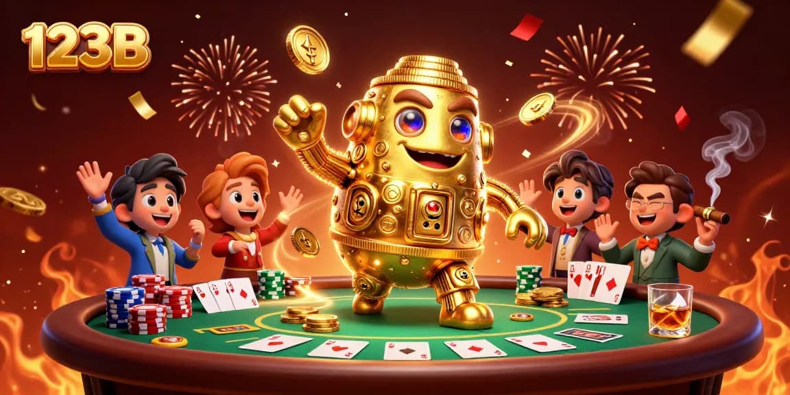 Experience thrilling gameplay at 123B with a dynamic golden golem amidst poker excitement and casino charm.