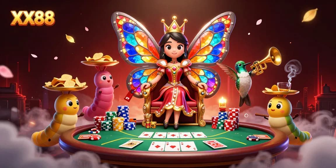 Experience vibrant gaming visuals at XX88 with dynamic poker elements and characters.