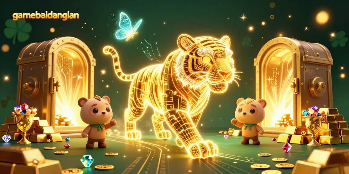 Experience excitement at gamebaidangian with a dynamic digital casino featuring golden treasures and vibrant characters.