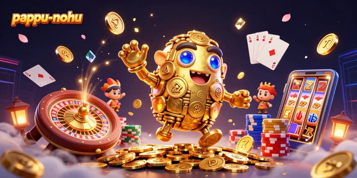 Pappu-nohu game illustration with a golden coin golem amid dynamic casino elements.