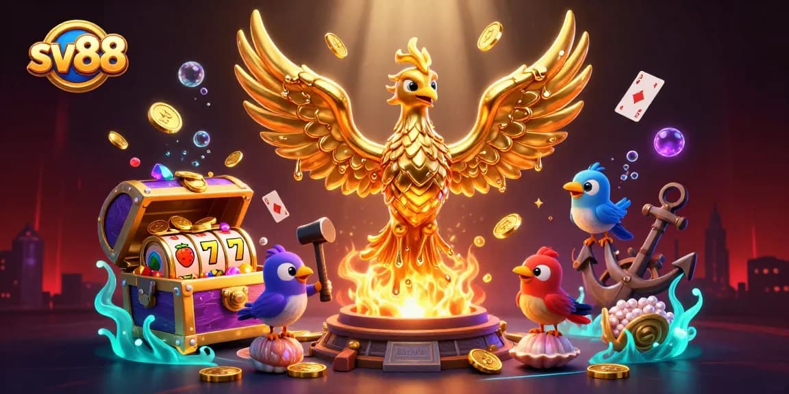 Experience thrilling wins at sv88 with a golden phoenix, slot reels, and bursting treasure!