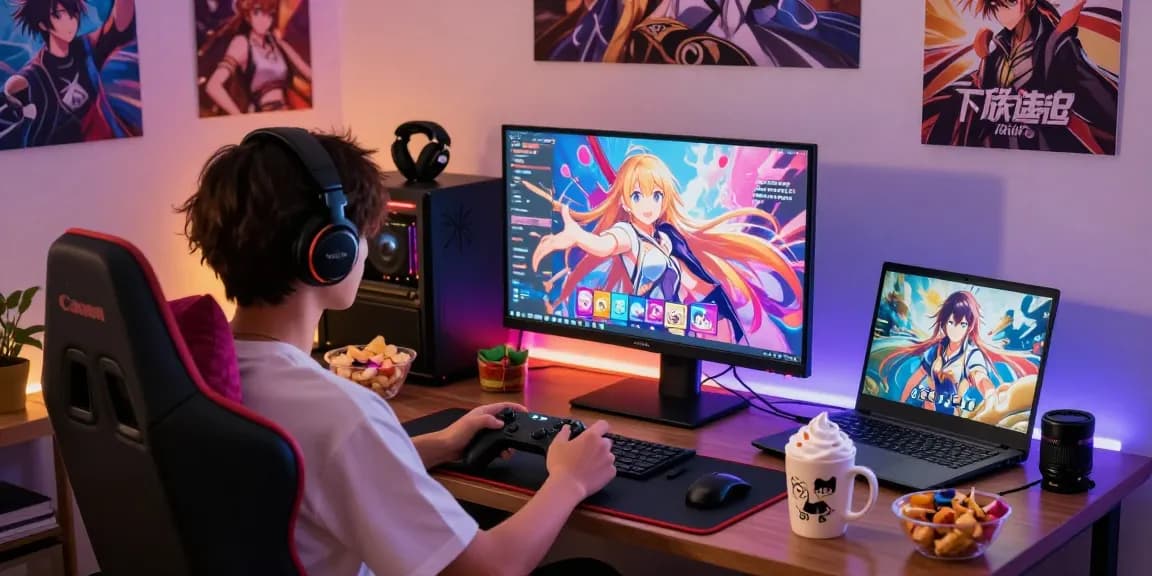Interactive gaming moment featuring a free hentai game on a colorful monitor.