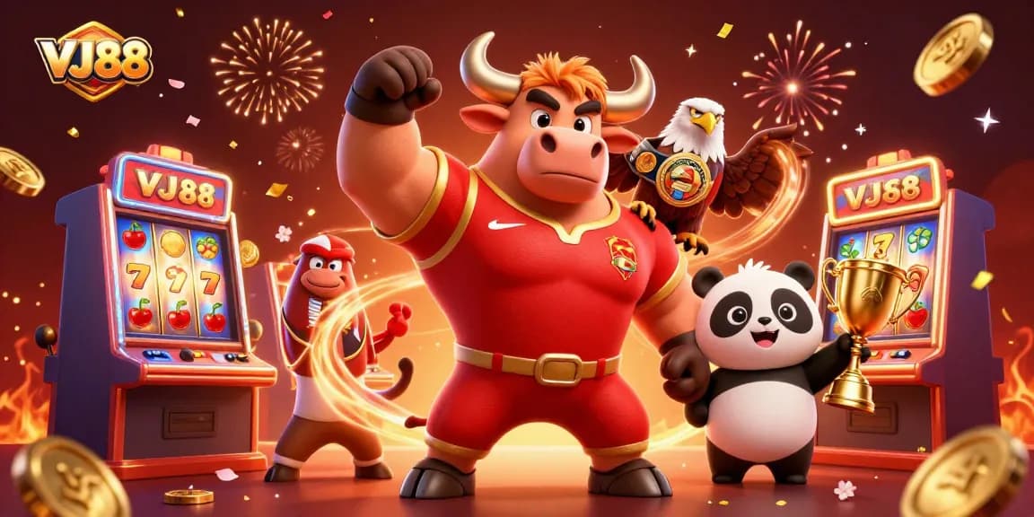 Spin to win big at VJ88 with a vibrant 3D casino celebration scene featuring dynamic characters.
