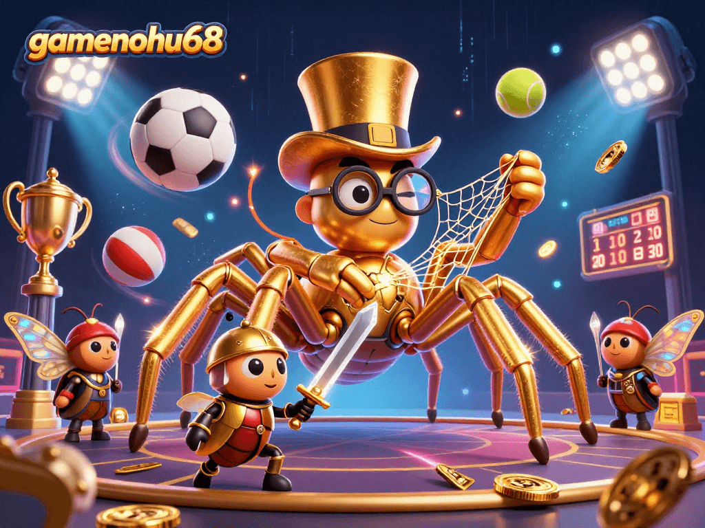 Experience gamenohu68 with a golden tarantula and beetle knight in a vibrant casino setting.