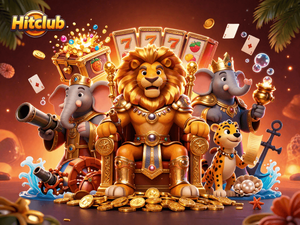 Experience the thrill of Hitclub with a majestic lion king and dynamic casino elements.