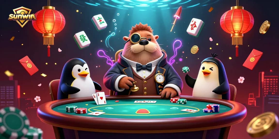 Experience sunwin's thrilling underwater poker scene with a walrus, penguin dealer, and bluffing pufferfish.