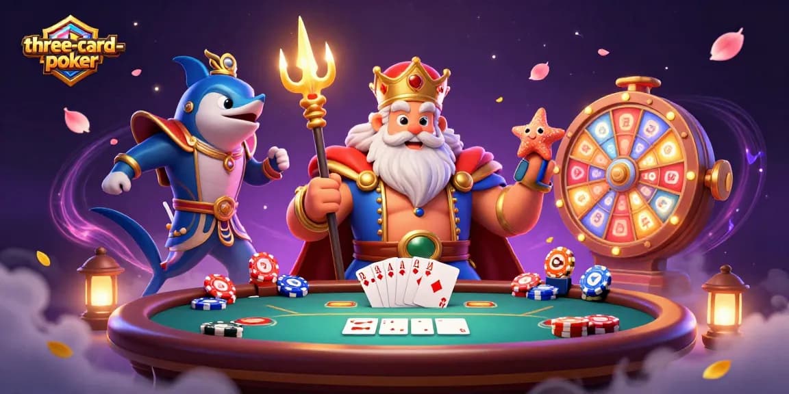 Experience three-card-poker excitement with Neptune as a dealer in a vibrant casino setting.