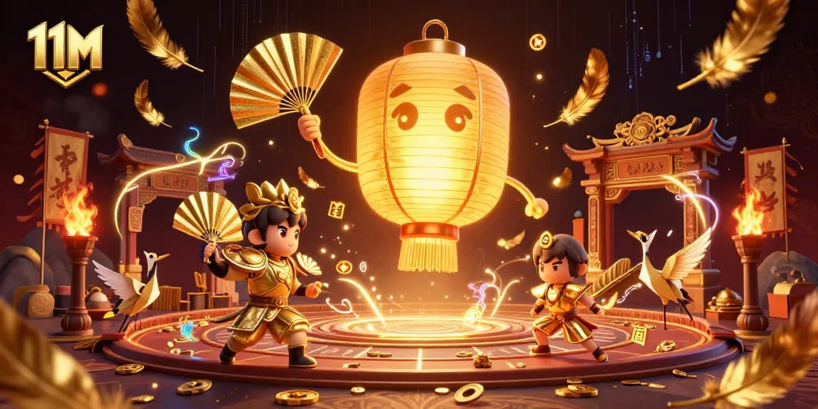 Experience the thrill of 11M with vibrant casino elements and winning spirits in a dynamic illustration.