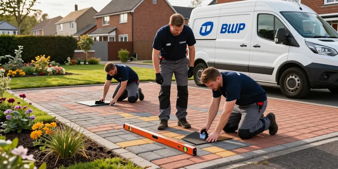 Professional driveway specialists laying block paving, invitingly showcasing their work for homeowners to visit their website.