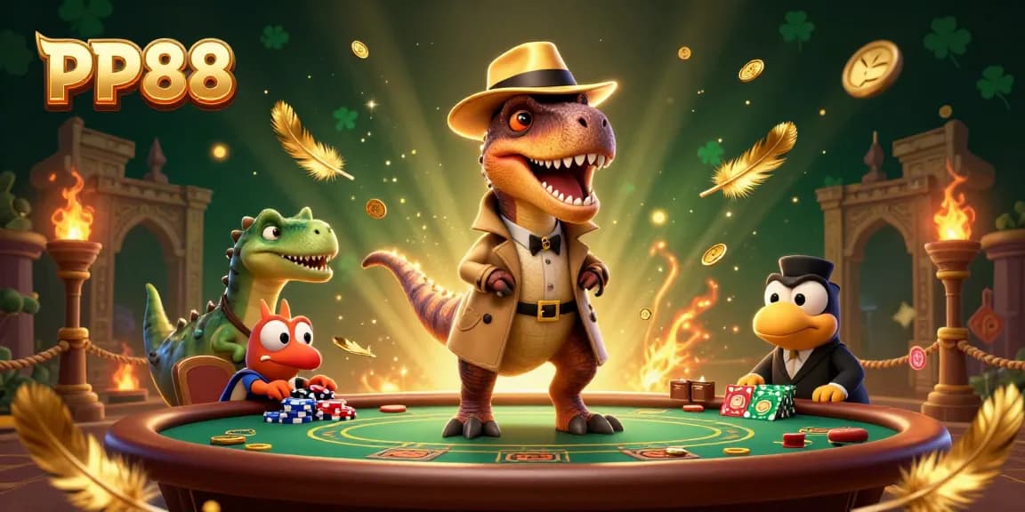 PP88 brings excitement with a velociraptor card counter at a blackjack table, amidst thrilling casino vibes.