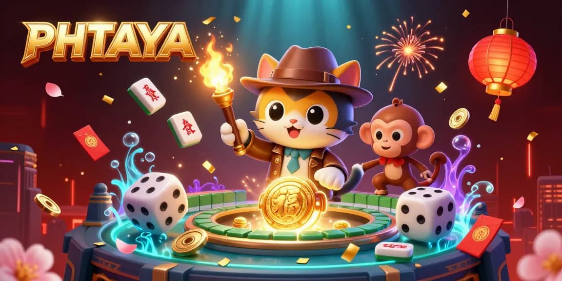 PHTAYA showcases a thrilling casino adventure with an archaeologist cat, a glowing artifact, and treasures in a temple.