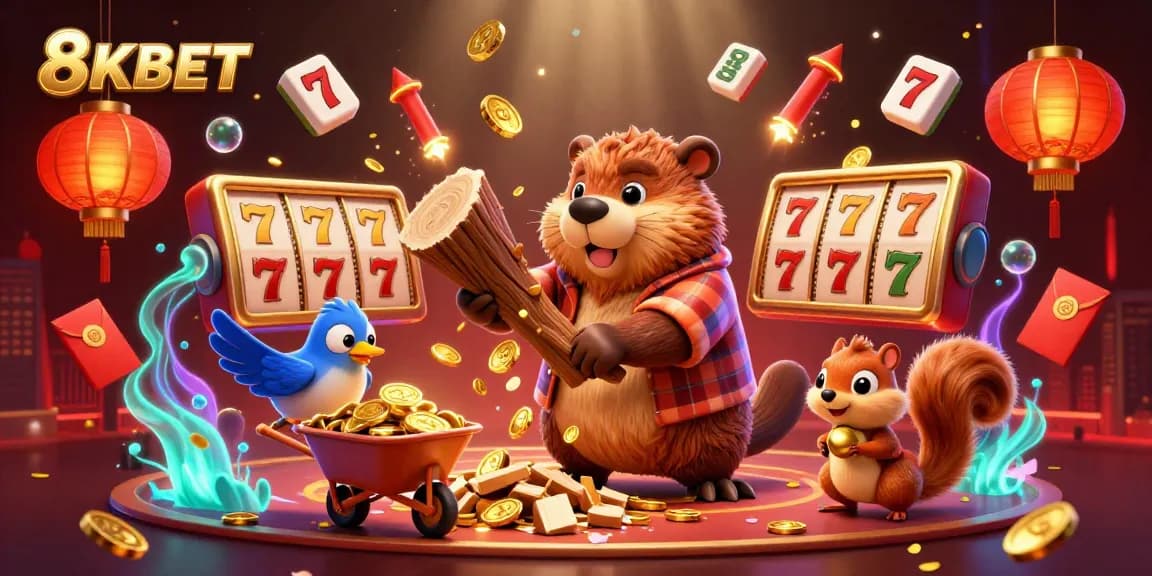 Engage with 8KBET's vibrant and captivating casino experience featuring themed characters, games, and gold.