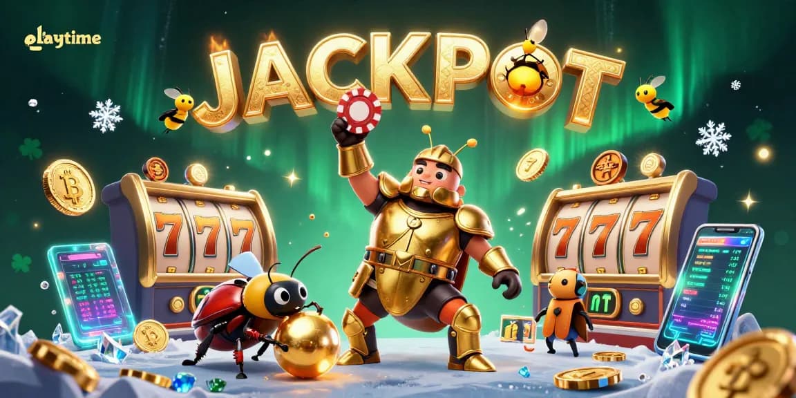 Playtime experience with a victorious beetle gaming amidst vibrant slot reels and crypto elements