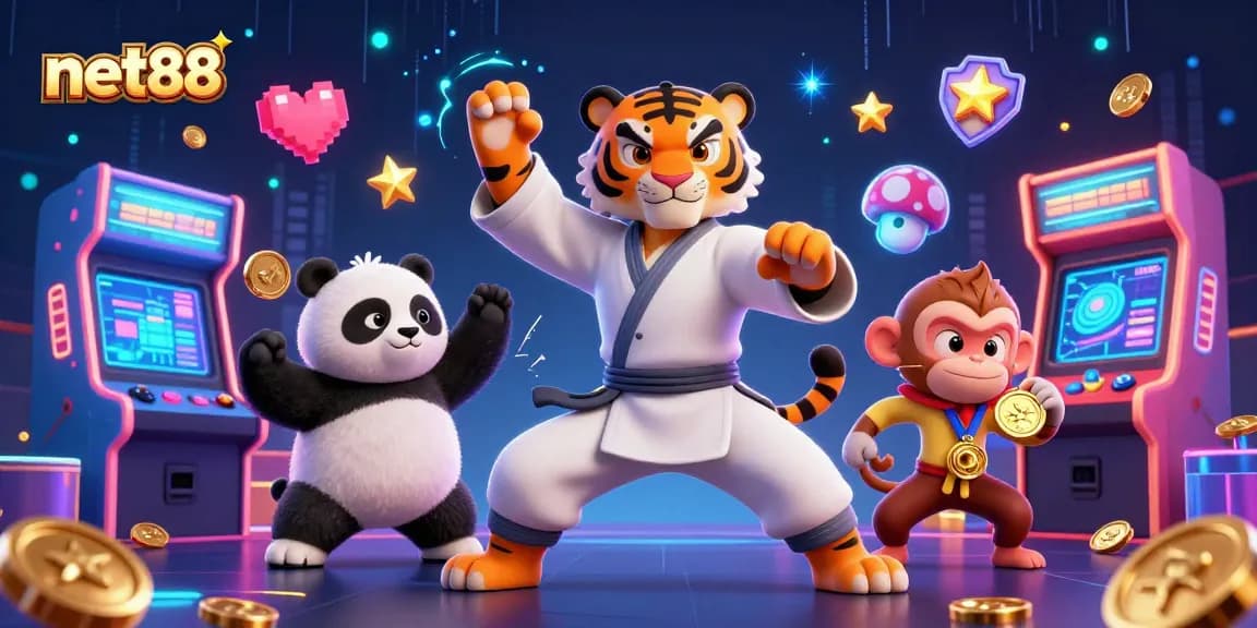 Engage with net88's thrilling gaming world, featuring kung fu tiger and panda with glowing arcade elements.
