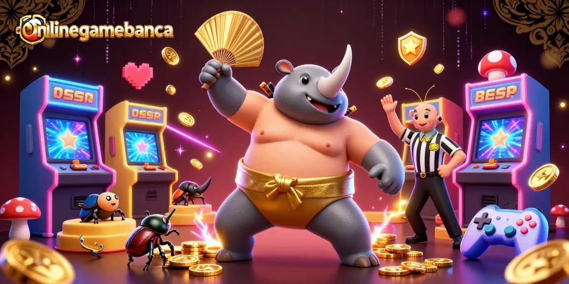 Engaging scene featuring onlinegamebanca's vibrant gambling world with cartoon characters and arcade elements.