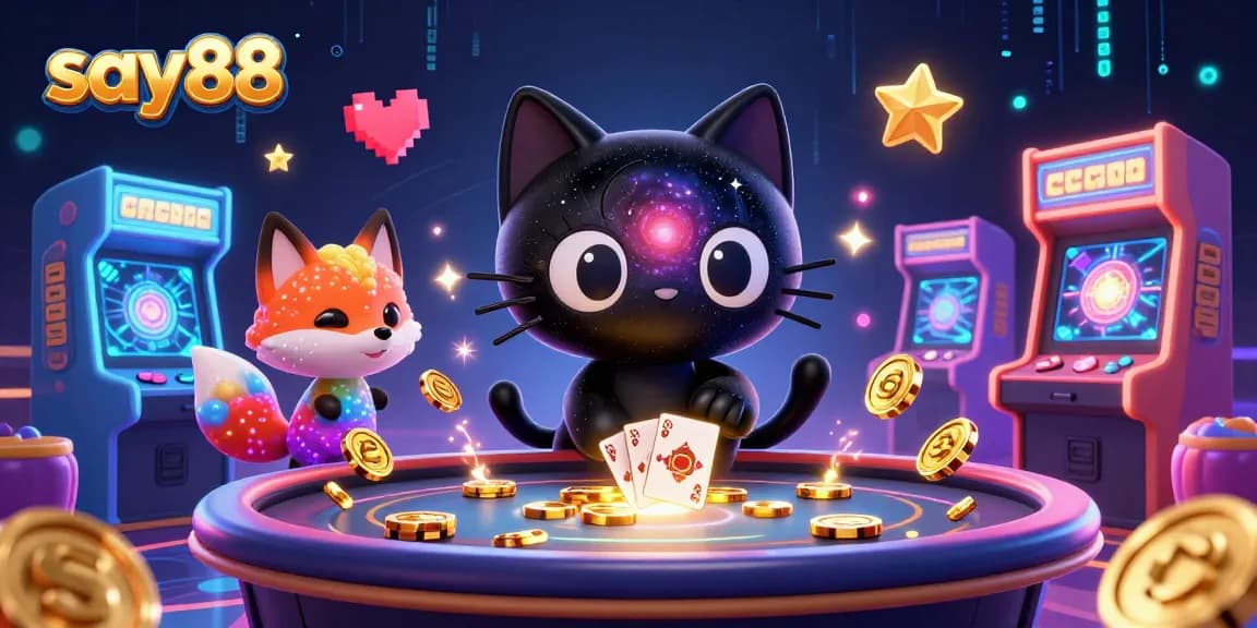 SAY88 offers a vibrant cosmic casino experience with engaging characters attracting golden chips and cards.