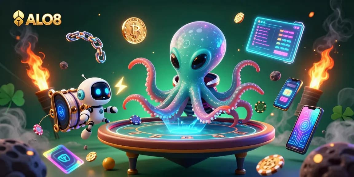 ALO8 gaming scene featuring alien octopus at a holographic poker table with vibrant crypto elements.