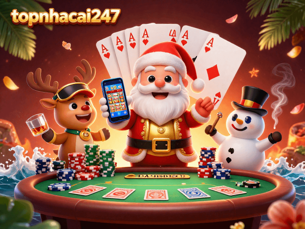Win big with topnhacai247 in this vibrant casino scene featuring Santa and friends!