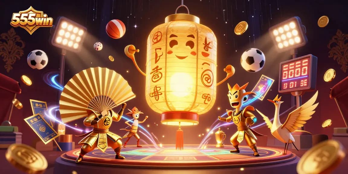 Experience the thrill of 555win with dynamic gambling elements surrounding a glowing lantern spirit.