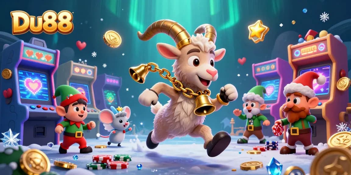 Experience the festive Du88 holiday-horror casino with Krampus and angel mouse amidst chaos and fun.