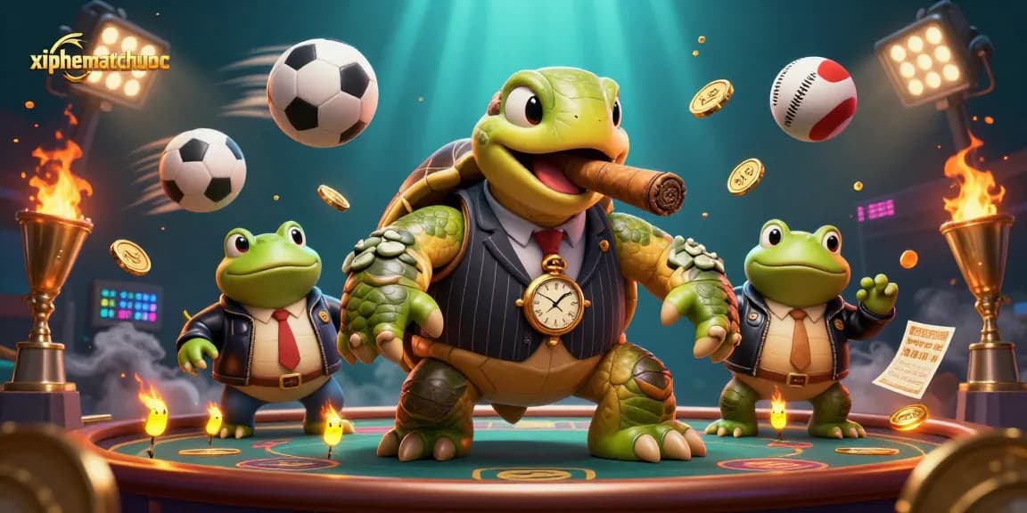 xiphematchuoc features a snapping turtle in a suit with bullfrog enforcers, embodying intense gambling action.