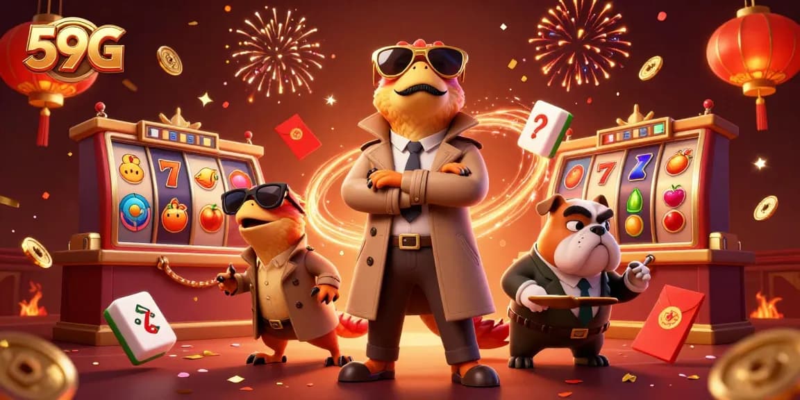 Enter 59G's VIP lounge with raptors in a trench coat amidst slot reels and festive decorations.