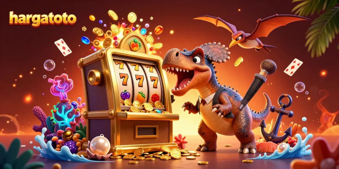 Spin the hargatoto jackpot with a dinosaur and casino manager in a vibrant casino scene.