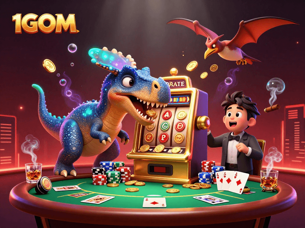 Experience excitement with 1GOM as a cartoon dinosaur triggers a golden slot machine jackpot.