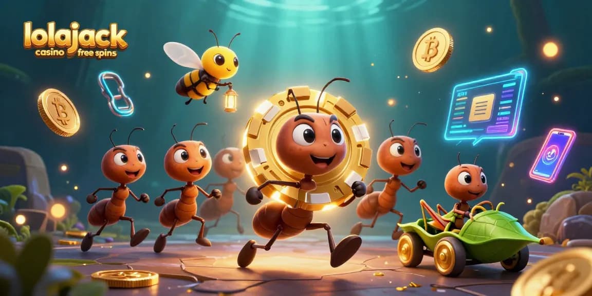Engaging scene of ants carrying a poker chip, representing lolajack casino free spins amidst vibrant casino elements.