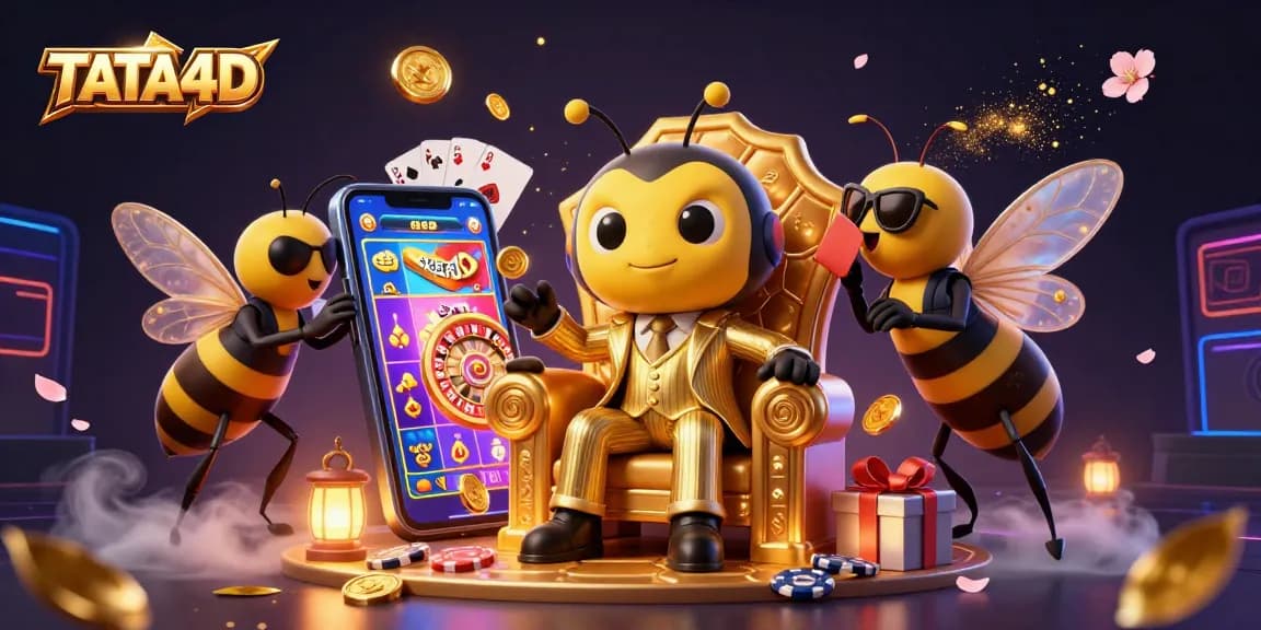TATA4D showcases a lively casino scene featuring a mob boss bumblebee among slot games and gold coins, creating an energetic atmosphere.