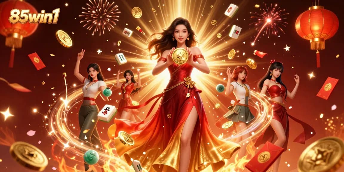 Experience the excitement of 85win1 with a stunning 3D illustration showcasing vibrant casino elements and a glamorous atmosphere.