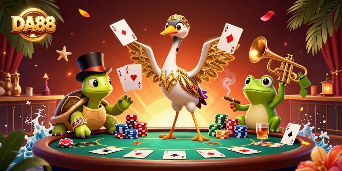Engage in thrilling casino action with DA88, featuring a vibrant scene of animated characters and poker elements.