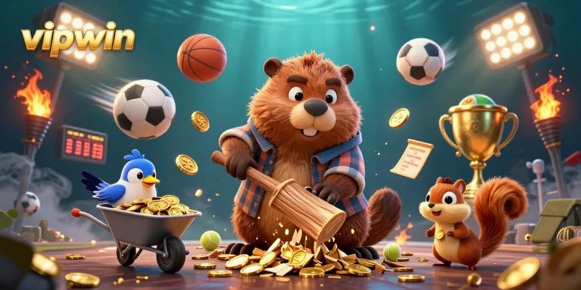 Play exciting games at vipwin, where the beaver and bird gather coins in a lively casino scene.