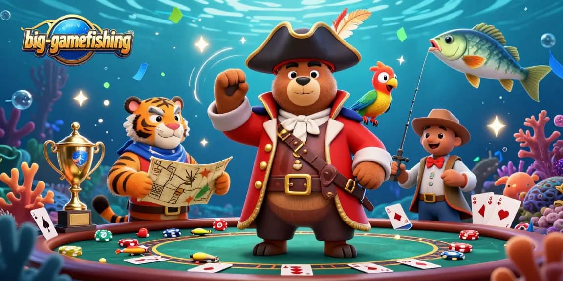 Engage in big-gamefishing with vibrant underwater-themed poker fun featuring bear captain and tiger