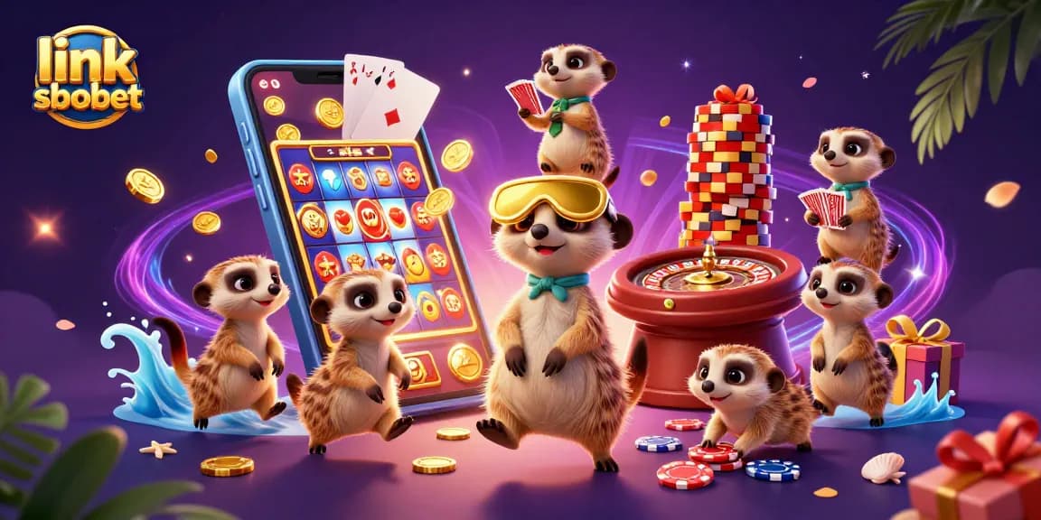 Engage with link sbobet at vibrant casino with meerkats, showcasing colorful slot games and dynamic elements.