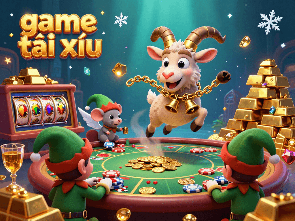 Experience game tài xỉu excitement with playful characters in a vibrant casino setting filled with treasures and action.