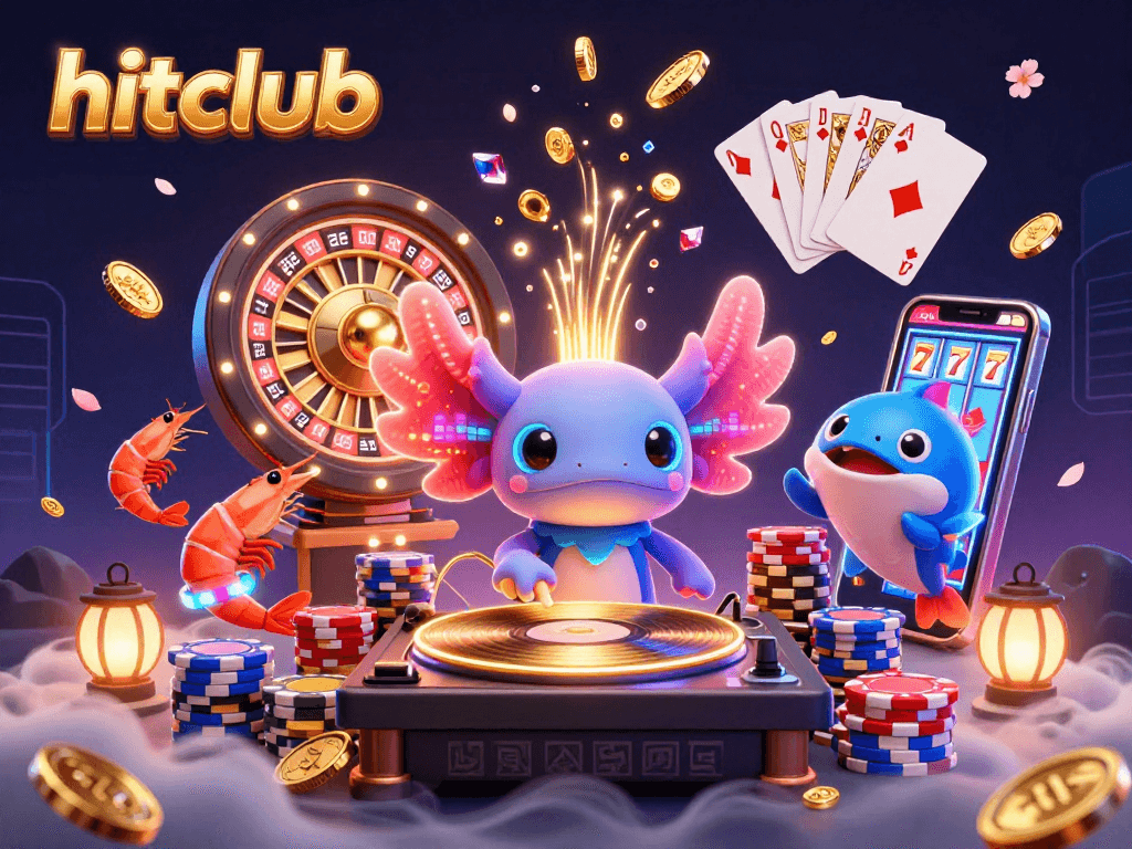 Join the hitclub as a neon axolotl DJ spins records amidst a vibrant casino scene.