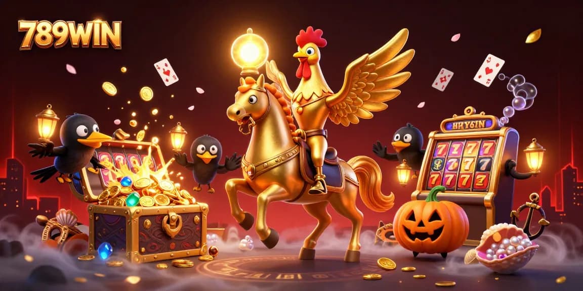Immerse in 789WIN's casino adventure, where golden roosters and treasure chests illuminate the night.