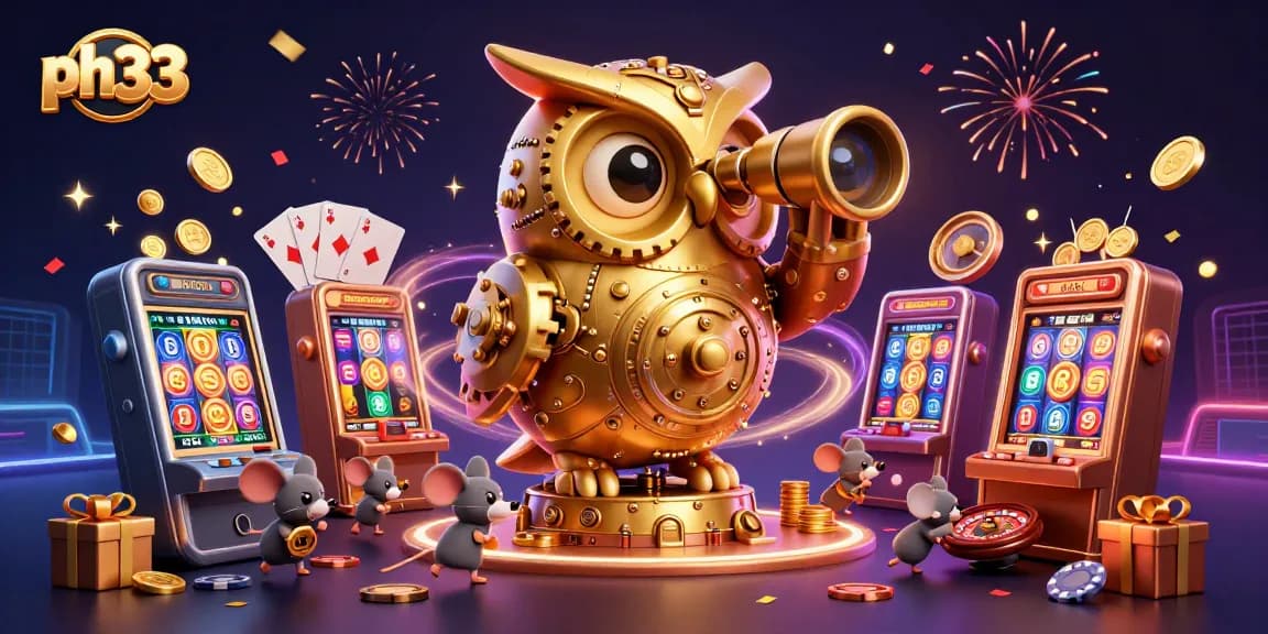 Experience exciting gaming at ph33 with a whimsical 3D casino illustration showcasing an owl and mouse patrons.