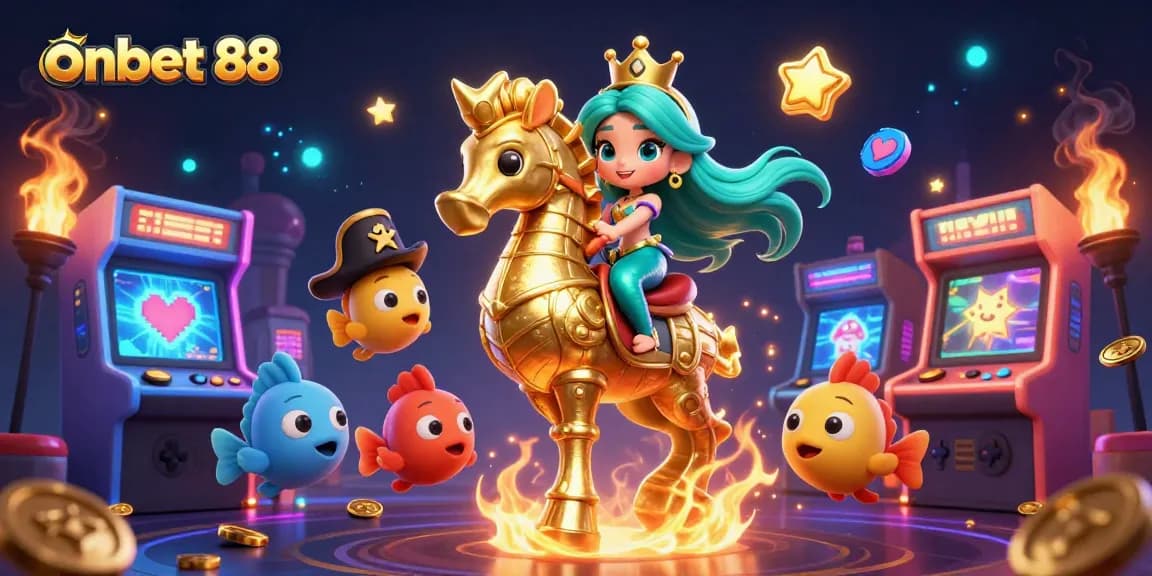 Engage in fun gaming adventures with onbet 88, featuring a mermaid and giant seahorse amidst colorful arcade elements.