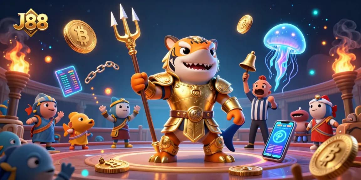 Engage in the J88 underwater casino adventure with a glimmering tiger shark and vibrant crypto elements.