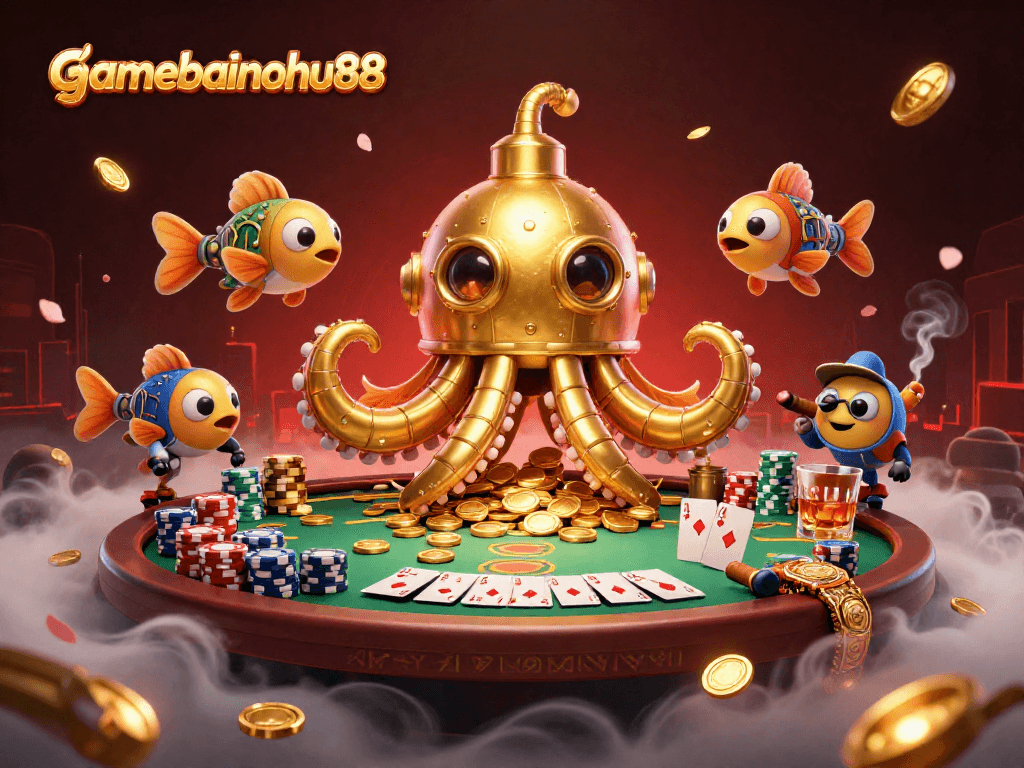 Win big with gamebainohu88 as a golden kraken submarine bursts through golden coins during an exciting poker game.