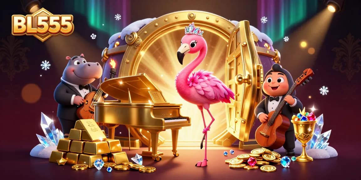 Win big at BL555 with dynamic casino illustration featuring a flamingo singer and a hippo bassist amidst golden treasures.