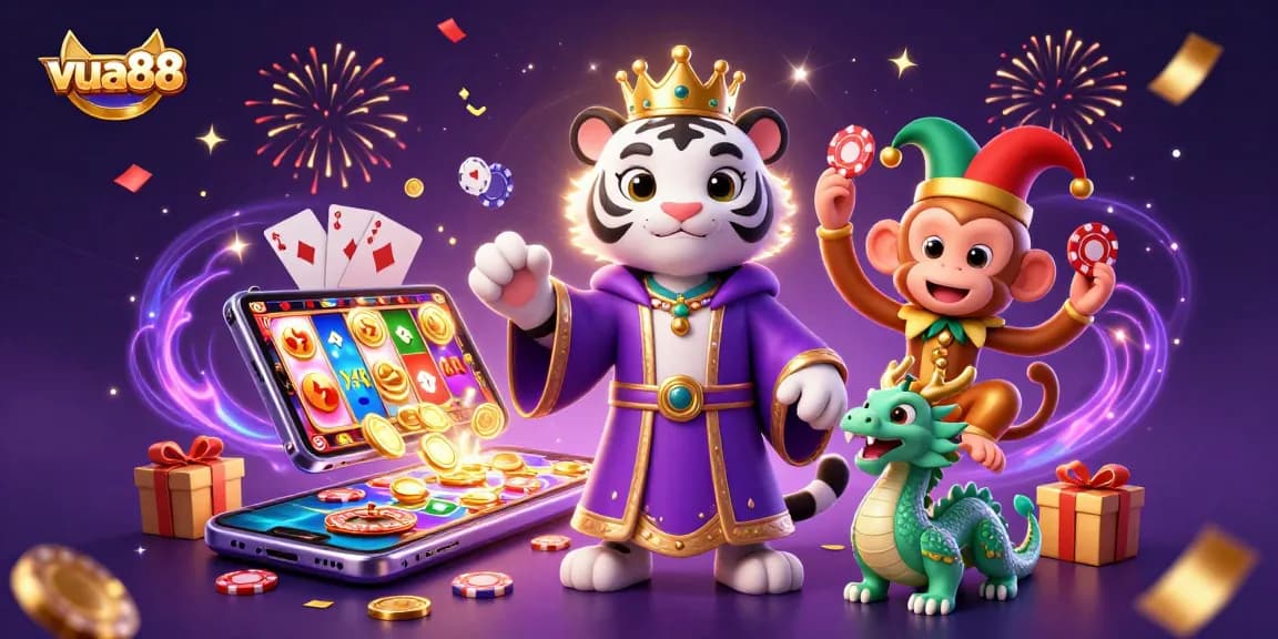 Experience the thrill of gambling with vua88, featuring a royal tiger and vibrant casino elements in a magical setting.