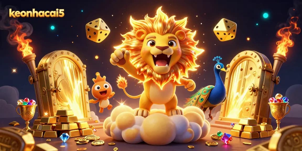 Spin the reels at keonhacai5 with a roaring sun lion and glimmering gold treasures!