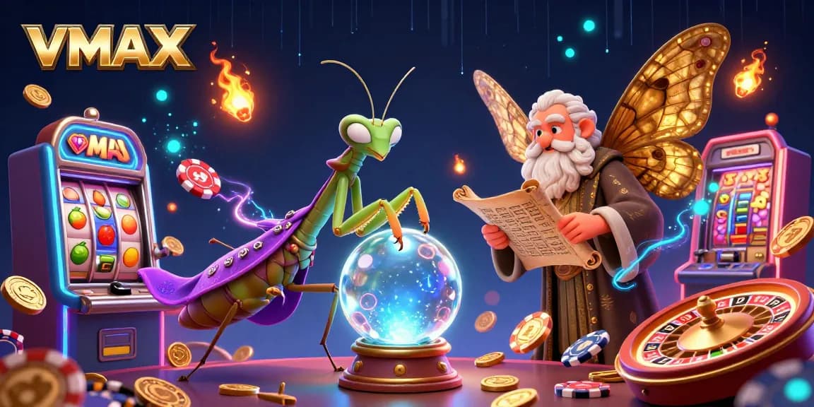 Engage with VMAX's thrilling casino experience featuring colorful games, dynamic elements, and vibrant characters.
